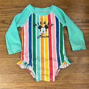 Disney Hanna Andersson Mickey Mouse Rainbow Teal Long Sleeve Ruffle Rashguard